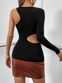 Zolique Cut Out Asymmetrical Neck Sweater Knit Pullover Fall Winter Outfit - Black - View 2