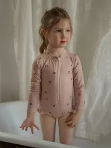 女小童櫻桃圖案前拉鏈褶邊連體泳衣 - 粉色 - 查看 1