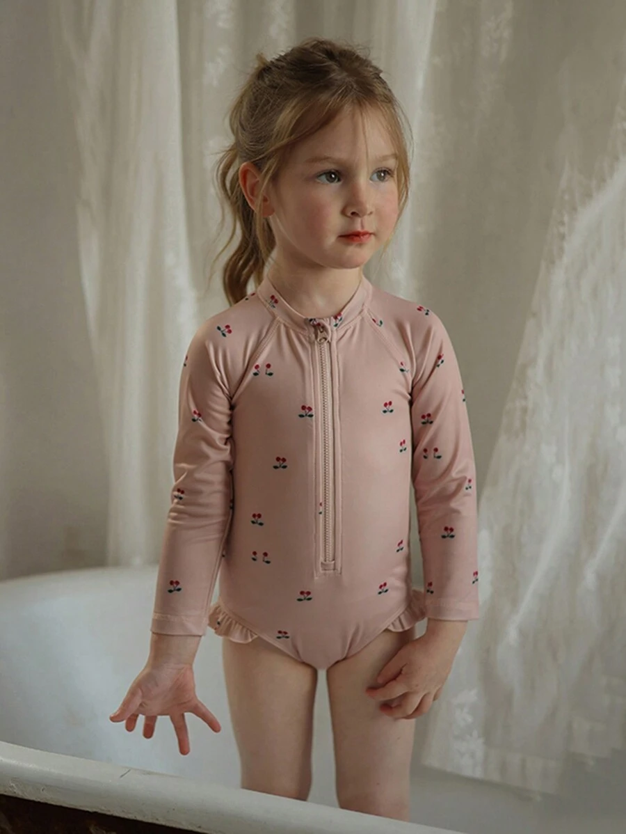 女小童櫻桃圖案前拉鏈褶邊連體泳衣 - 粉色 - 查看 1