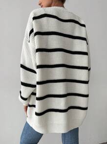 Cloudara Striped Pattern Drop Shoulder Open Front Cardigan - White - View 2