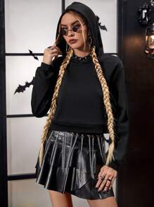 PUNK Skull Print Drop Shoulder Hoodie - Black - View 2