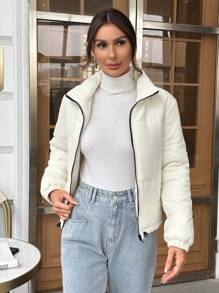 SHEIN Essnce 冬季拉链夹棉大衣 - 米色 - 查看 1