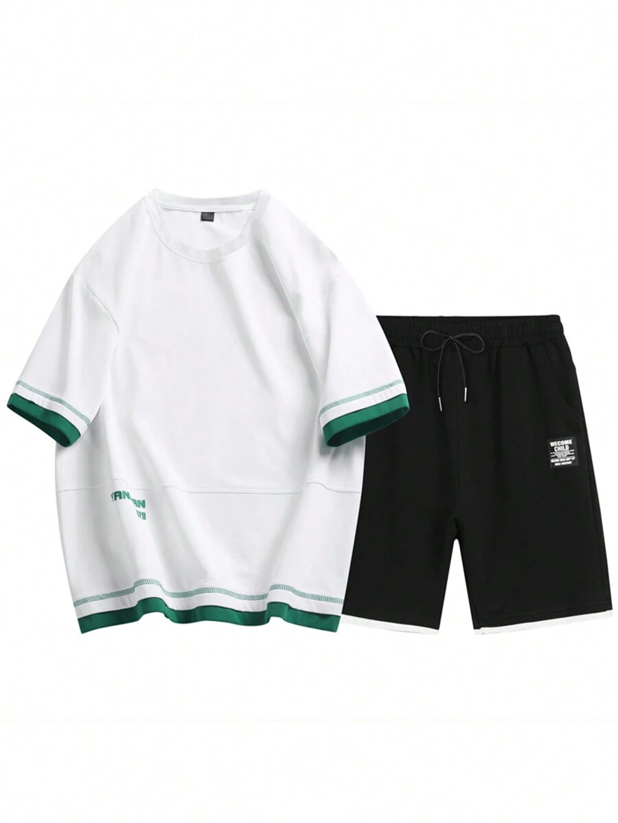 Men Striped Trim Tee & Drawstring Waist Shorts - Black and White - View 1