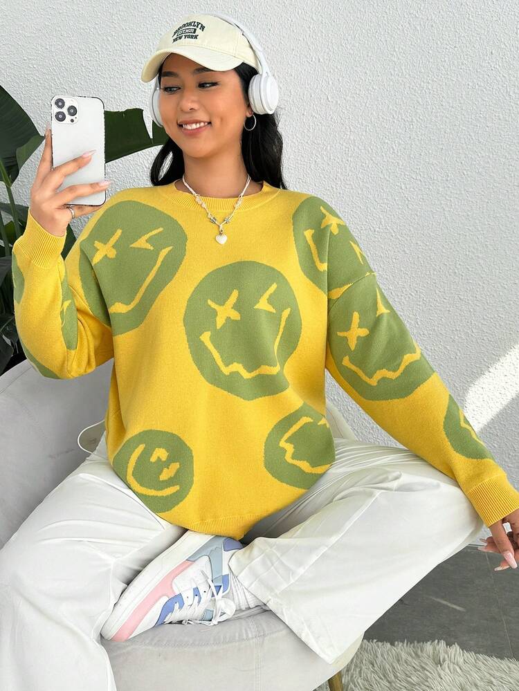 Plus Expression Pattern Drop Shoulder Sweater