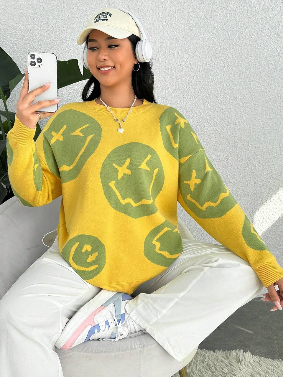 Plus Expression Pattern Drop Shoulder Sweater