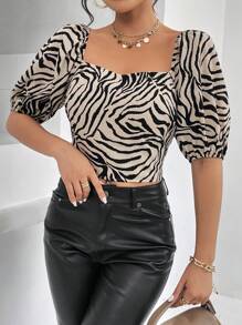 SHEIN Essnce Zebra Striped Tie Back Puff Sleeve Crop Blouse - Multicolor - View 4