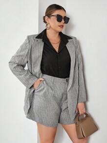 SHEIN Privé 大碼條紋圖案單釦西裝外套&短褲 - 黑與白 - 查看 5