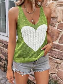 SHEIN LUNE 愛心圖案麻花編織上衣 - 綠色 - 查看 3