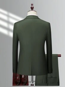 Manfinity Mode 1 pieza Blazer de solapa única y 1 pieza Pantalón de traje, estilo Old Money - Verde militar - Ver 2