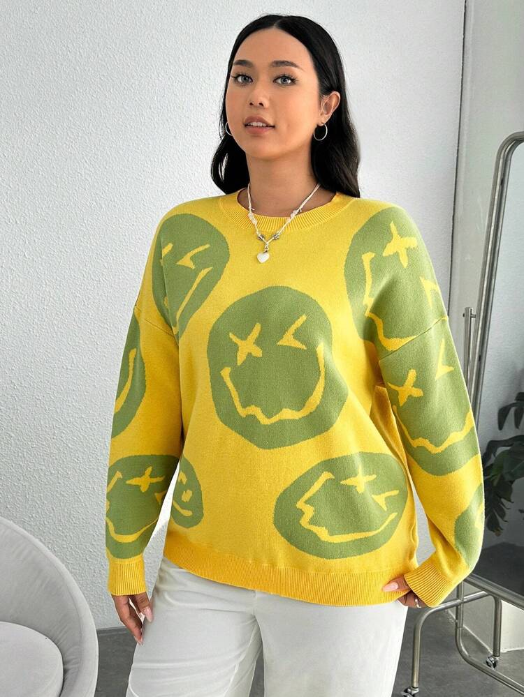 Plus Expression Pattern Drop Shoulder Sweater