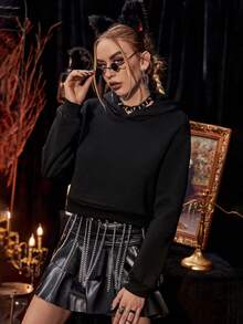 PUNK Skull Print Drop Shoulder Hoodie - Black - View 3