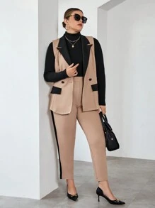 SHEIN Essnce Plus Two Tone Vest Blazer & Pants In Fall/Winter - Khaki - View 5