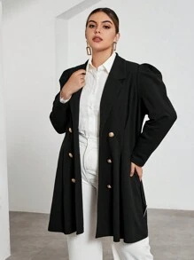 SHEIN Privé Plus Lapel Neck Puff Sleeve Double Breasted Coat Without Belt - Black - View 6