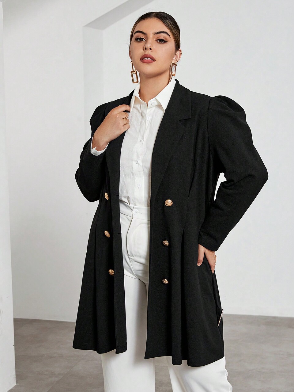 Plus Lapel Neck Puff Sleeve Double Breasted Coat Without Belt