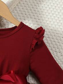 SHEIN Young Girl Appliques Contrast Mesh Ruffle Trim Belted Dress