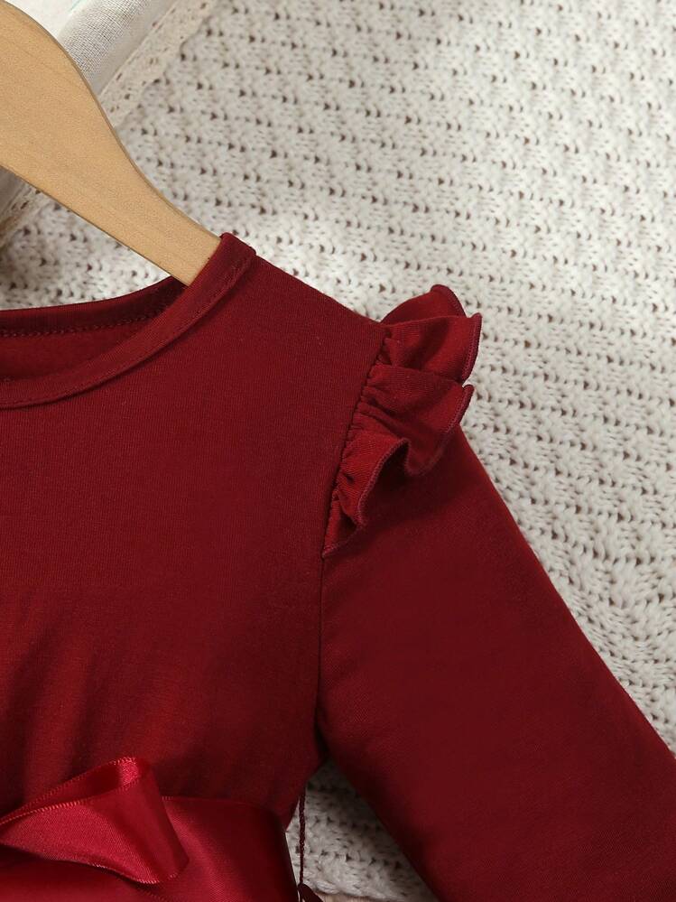 Elladie kids Young Girl Appliques Contrast Mesh Ruffle Trim Belted Dress - Burgundy - View 5