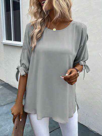 SHEIN Clasi Enfärgat Knuten Ärm Delad Ärm Blusar