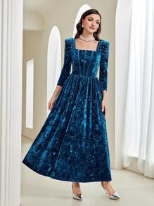 Modelyn Square Neck Velvet A-Line Modest Long Sleeve Dress Long Evening Dresses - Teal Blue - View 4