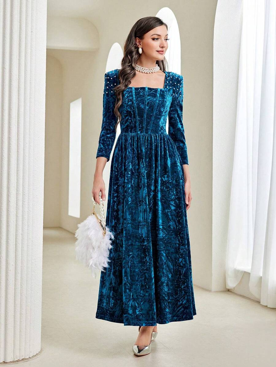 Modelyn Square Neck Velvet A-Line Modest Long Sleeve Dress Long Evening Dresses - Teal Blue - View 1