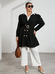 SHEIN Privé Plus Lapel Neck Puff Sleeve Double Breasted Coat Without Belt - Black - View 4