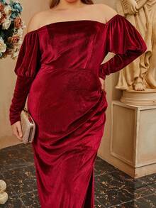 seomiscky Plus Off Shoulder Mermaid Hem Formal Dress - Burgundy - View 8