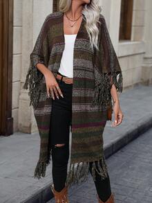 SHEIN LUNE 條紋圖案流蘇邊蝙蝠袖開襟開衫 - 彩色 - 查看 6