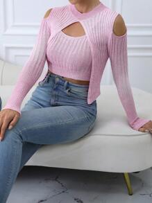 SHEIN Essnce Sọc Áo thun dệt kim Cami & Vai lạnh Viền chia cắt Áo len - Hồng - Xem 3