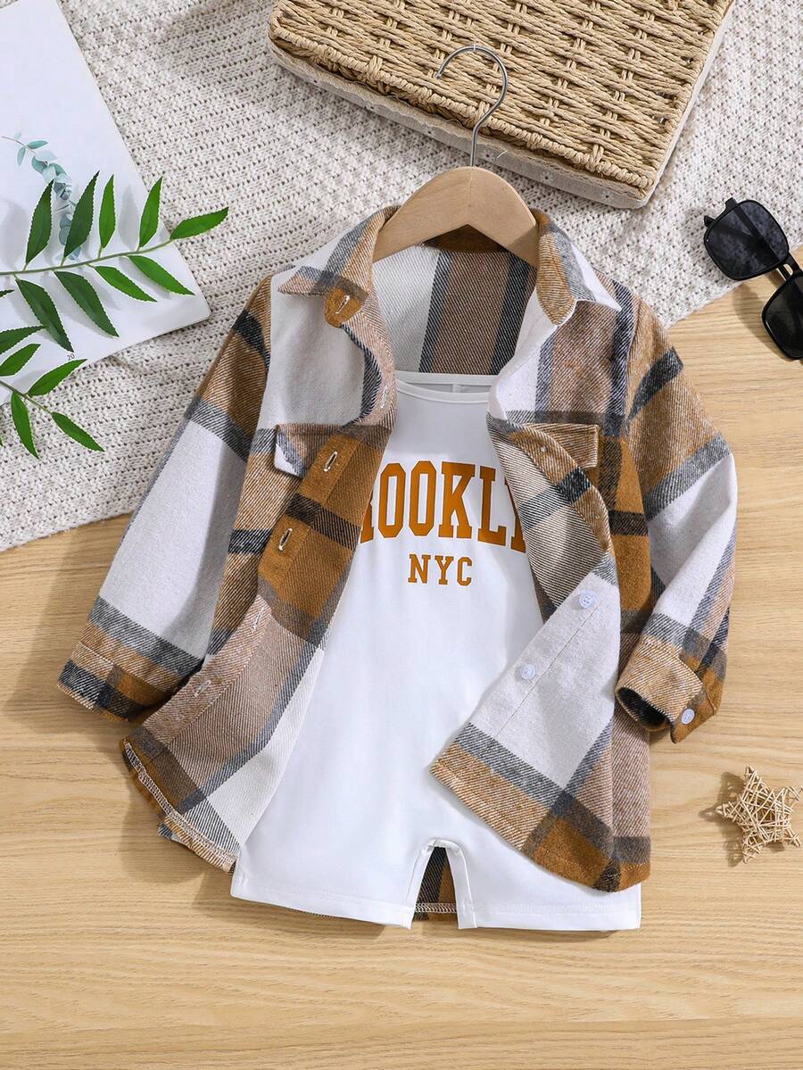 SHEIN 女小童格紋印花襯衫&吊帶連體短褲