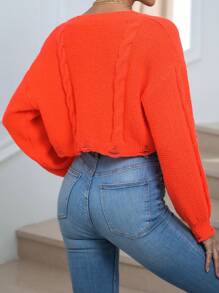 SHEIN LUNE Xoắn Dan Thả vai Rách Cắt sửa áo lông cừu - trái cam - Xem 2
