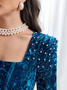 Modelyn Square Neck Velvet A-Line Modest Long Sleeve Dress Long Evening Dresses - Teal Blue - View 6