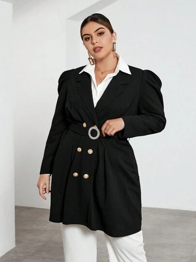 SHEIN Privé Plus Lapel Neck Puff Sleeve Double Breasted Coat Without Belt