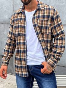 Manfinity Homme Men 1pc Plaid Print Zip Up Pocket Patched Shacket - Multicolor - View 5