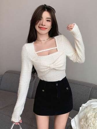 DAZY Solid Bow Front Tee Long Sleeve Top