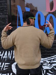 Manfinity Roughcore Men Solid Drop Shoulder Ribbed Knit V Neck Sweater