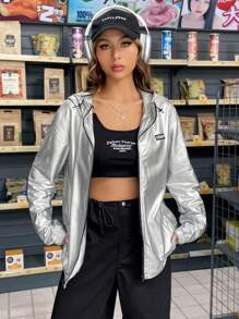 SHEIN EZwear 拉鏈開襟連帽字母貼布夾克 - 銀色 - 查看 3