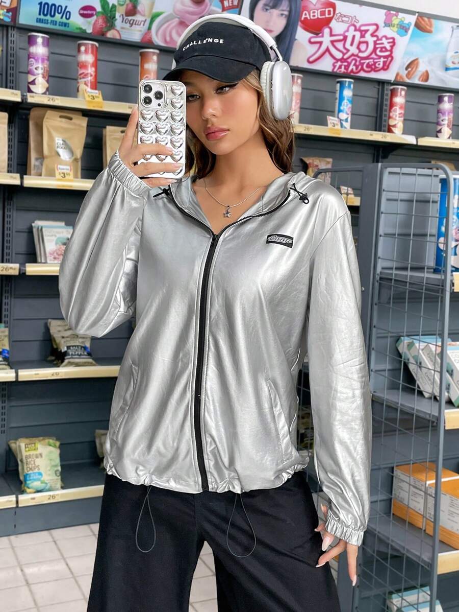 SHEIN EZwear 拉鏈開襟連帽字母貼布夾克 - 銀色 - 查看 1