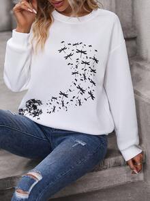 SHEIN LUNE In chuồn chuồn Thả vai Áo nỉ - trắng - Xem 3