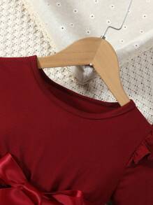 SHEIN Young Girl Appliques Contrast Mesh Ruffle Trim Belted Dress