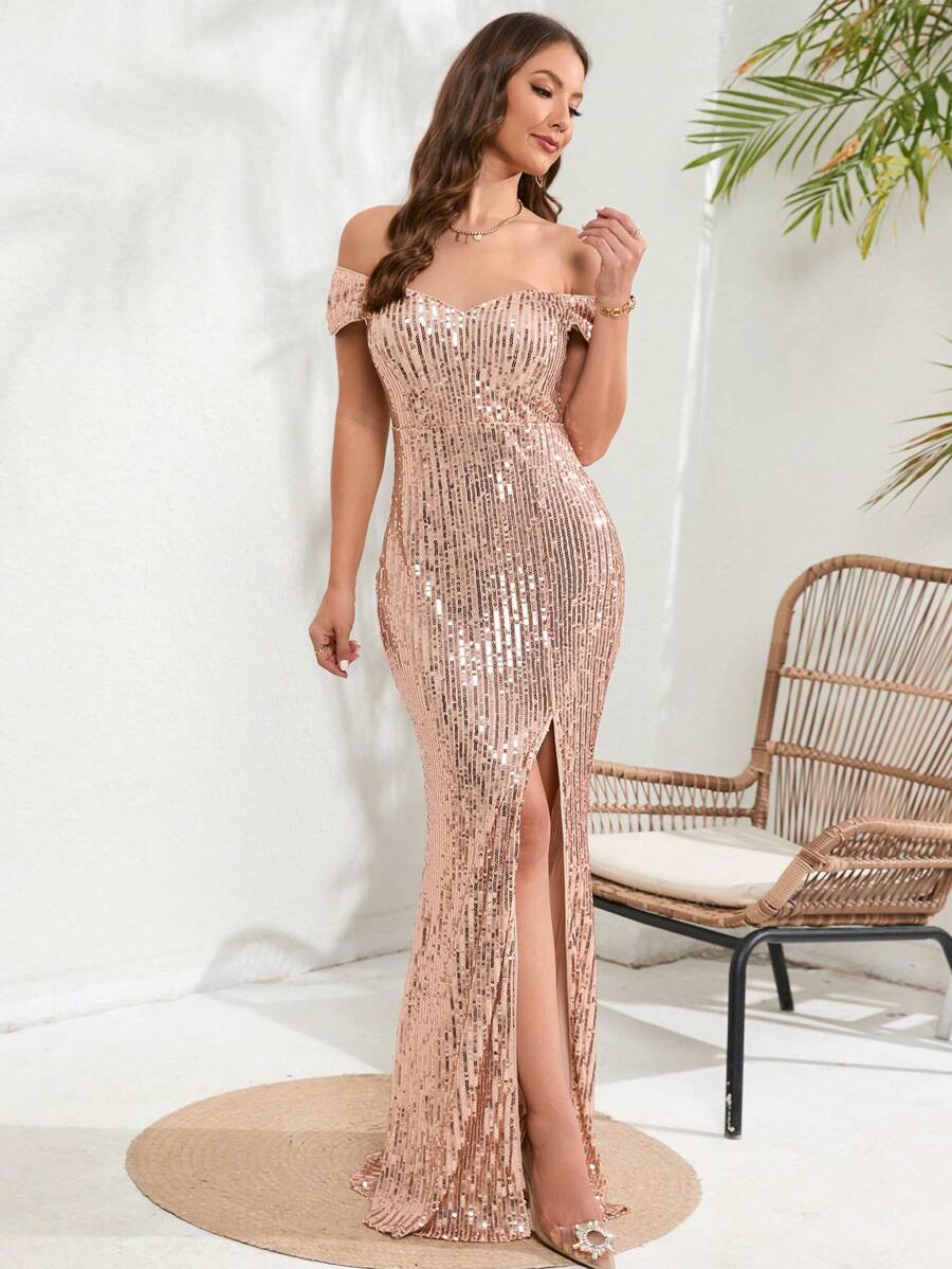 SHEIN Belle 一字肩高衩亮片洋裝 - 金色 - 查看 1