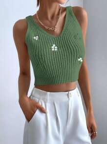 SHEIN Unity Floral Embroidery Drop Shoulder Cardigan & Crop Knit Top - Green - View 4