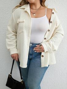 SHEIN LUNE 大碼翻蓋口袋前紐扣外套 - 杏色 - 查看 4