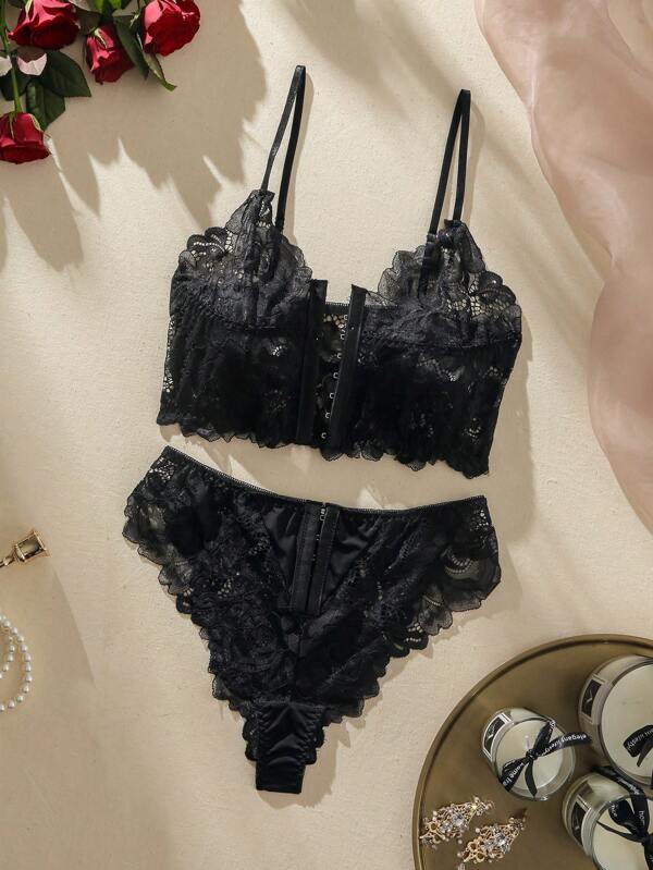 Classic Sexy Dessous Set mit Blumenspitze, Heftel,
