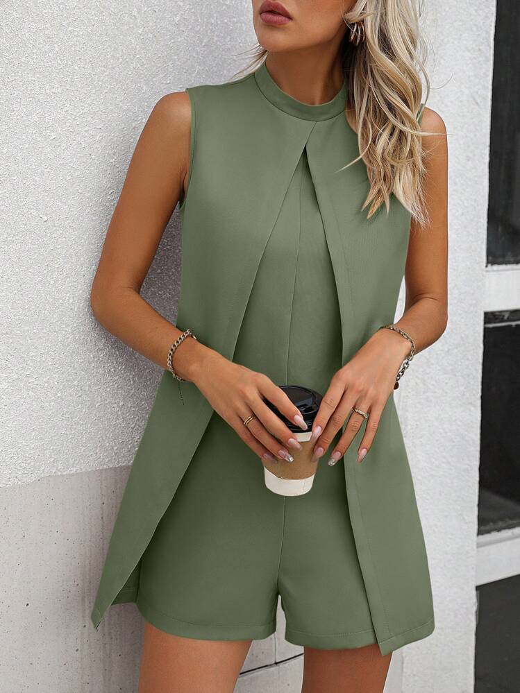EMERY ROSE 素色小高領無袖連身短褲 - 軍綠色 - 查看 6