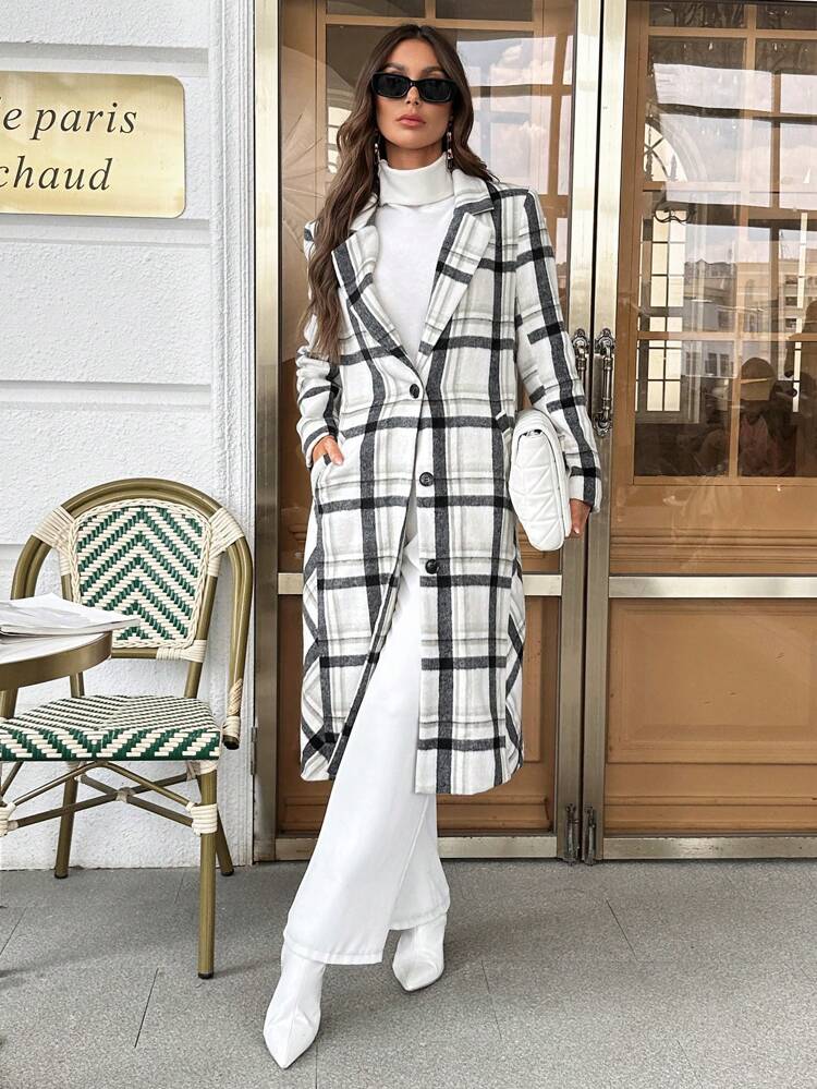Plaid Print Lapel Neck Overcoat