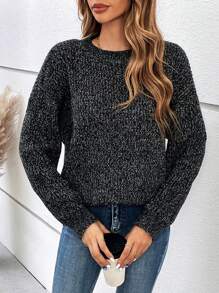 SHEIN LUNE Marled Knit Drop Shoulder Sweater - Black - View 4