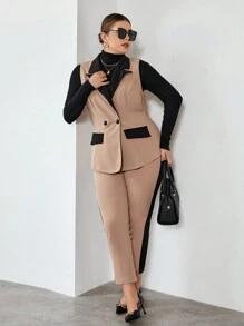 SHEIN Essnce Plus Two Tone Vest Blazer & Pants In Fall/Winter - Khaki - View 6