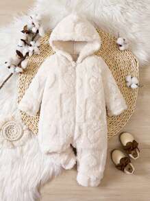 SHEIN Playful Pals Baby Girl Solid Hooded Teddy Jumpsuit