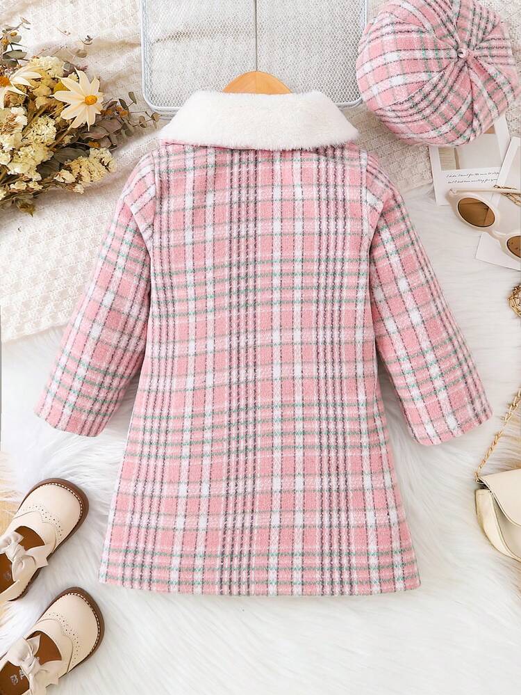 Baby Girl Plaid Print Borg Collar Coat & Hat