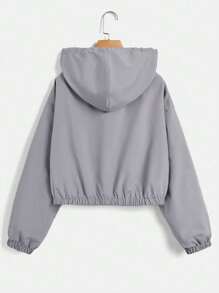 SHEIN EZwear 大碼字母補丁細節抽繩連帽夾克 - 淺灰色 - 查看 2