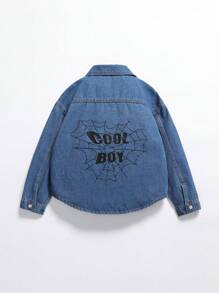 Tween Boy Halloween Letter & Spider Web Print Drop Shoulder Denim Shirt